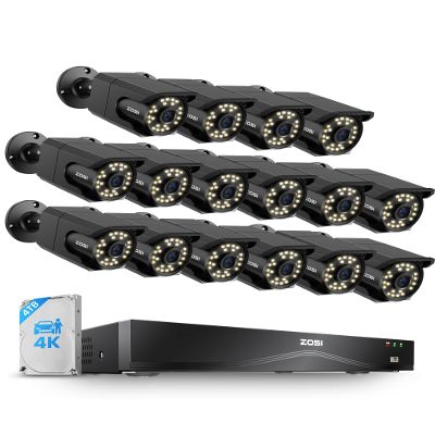 ZOSI 4K 16CH PoE Security Camera System, 16 x 8MP PoE IP Camera Outdoor Indoor with Human Detection, 100ft IR Night Vision, IP66 Weatherproof, 4K 16CH H.265+ NVR with 4TB HDD for 24/7 Audio Recording