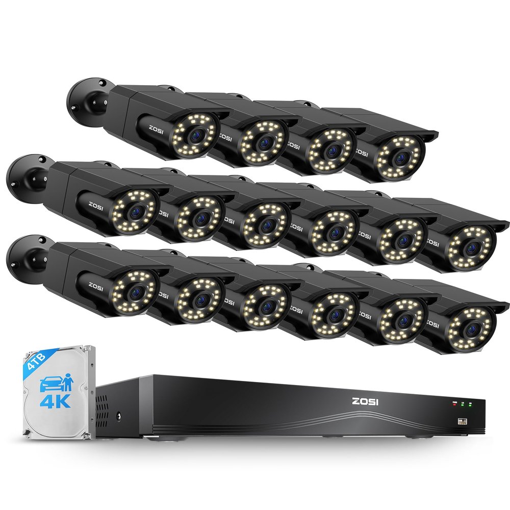 ZOSI 4K 16CH PoE Security Camera System, 16 x 8MP PoE IP Camera Outdoor Indoor with Human Detection, 100ft IR Night Vision, IP66 Weatherproof, 4K 16CH H.265+ NVR with 4TB HDD for 24/7 Audio Recording