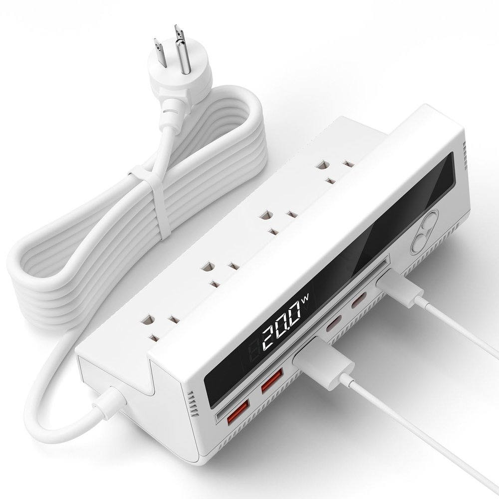 10-in-1 USB Charging Station, 4 Outlets Power Strip with 6 USB, 5 FT Long Extension Cord, 45 Flat Plug, 20W Fast Mulit Charging Station for Home Office Travel Plug Extension Outlet (White)