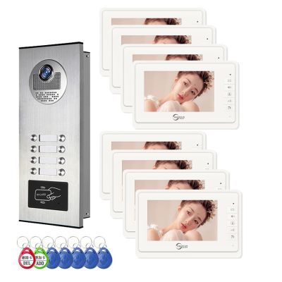 Wired Video Apartment Intercom System,6 Units 7 inch Monitor Video Door Phone Kit,Indoor Outdoor Video Doorbell, ID Card Unlock, 2 Way Audio, 6-Screen for Home Apartment (1 Doorbell+8 Monitor)