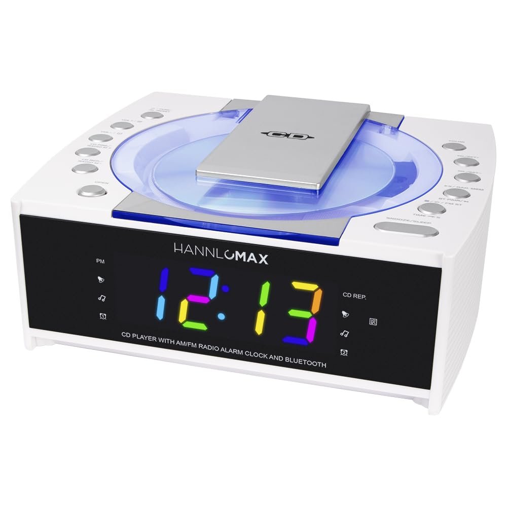 HANNLOMAX HX-336CD CD Player with Alarm Clock Radio, 1.2" RGB LED Display, Bluetooth, Digital Clock with Dual Alarm, Aux-in, AC Operation only. (White)
