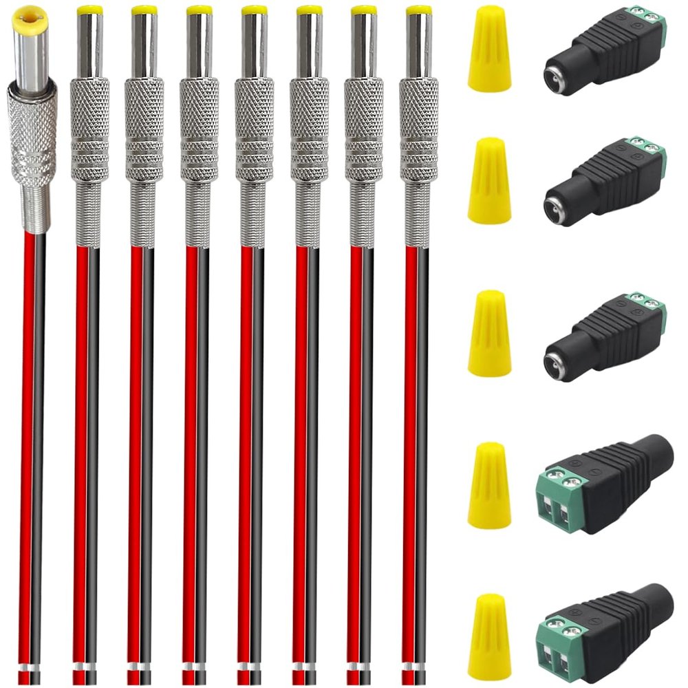 8PCS 5A DC Power Cable Jack Plug Adapter Male Connector 5.5mm x 2.1mm Barrel Socket with 18AWG Wire for CCTV Security Camera DVR DIY Toys 5PCS 12V DC Female Connector Plug Wiring Cap