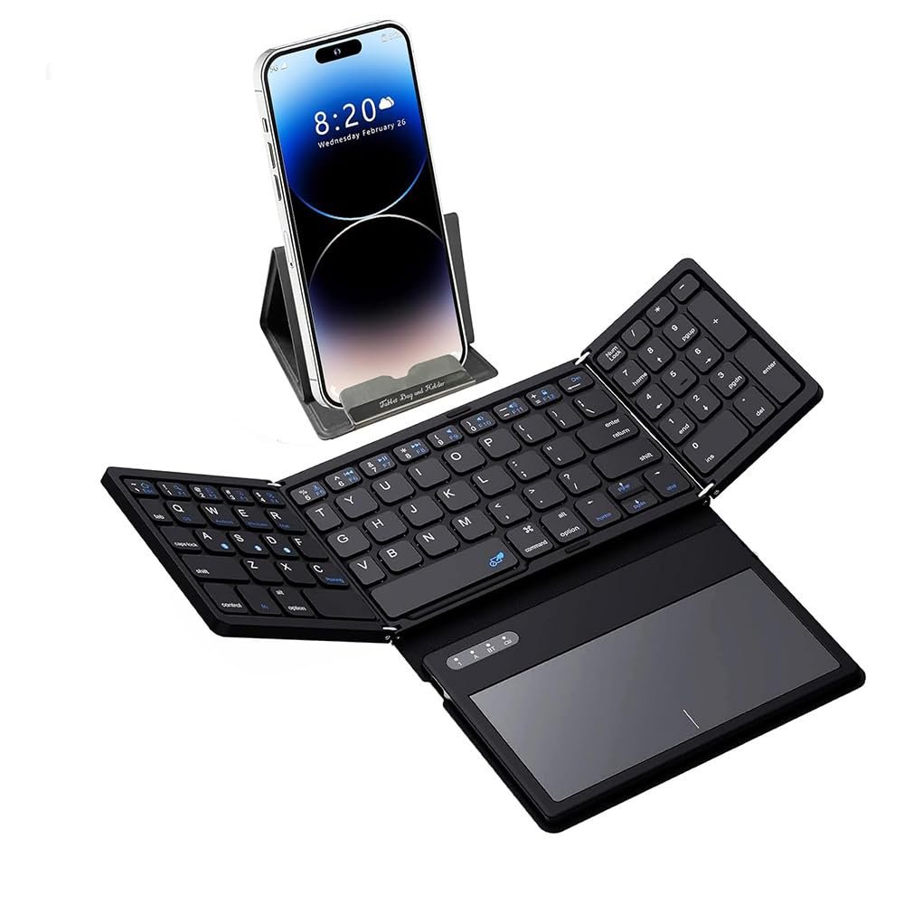 Foldable Keyboard, Tri-Fold Portable Wireless Bt Keyboard with Touchpad Travel Pocket Keyboard Multi Devices Tablet Phone Computer External Universal Keyboard