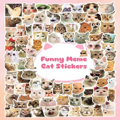 100 Pcs Funny Meme Stickers, Holographic Sparkly Cute Cat Stickers for Water Bottles, Laptops, Skateboards, Vinyl Waterproof, Cool Pet Sticker, Cat Birthday Party Supplies