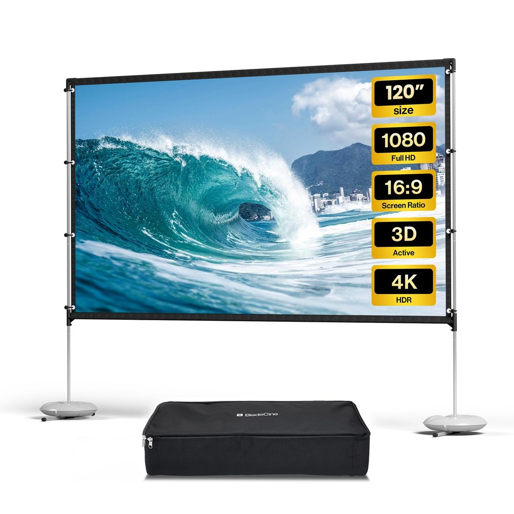 BladeCine 120-Inch Projector Screen with Stand, Portable 16:9 4K HD Wrinkle-Free Movie Screen, Lightweight Indoor Outdoor Projection Screen with Carry Bag for Backyard Movie Night