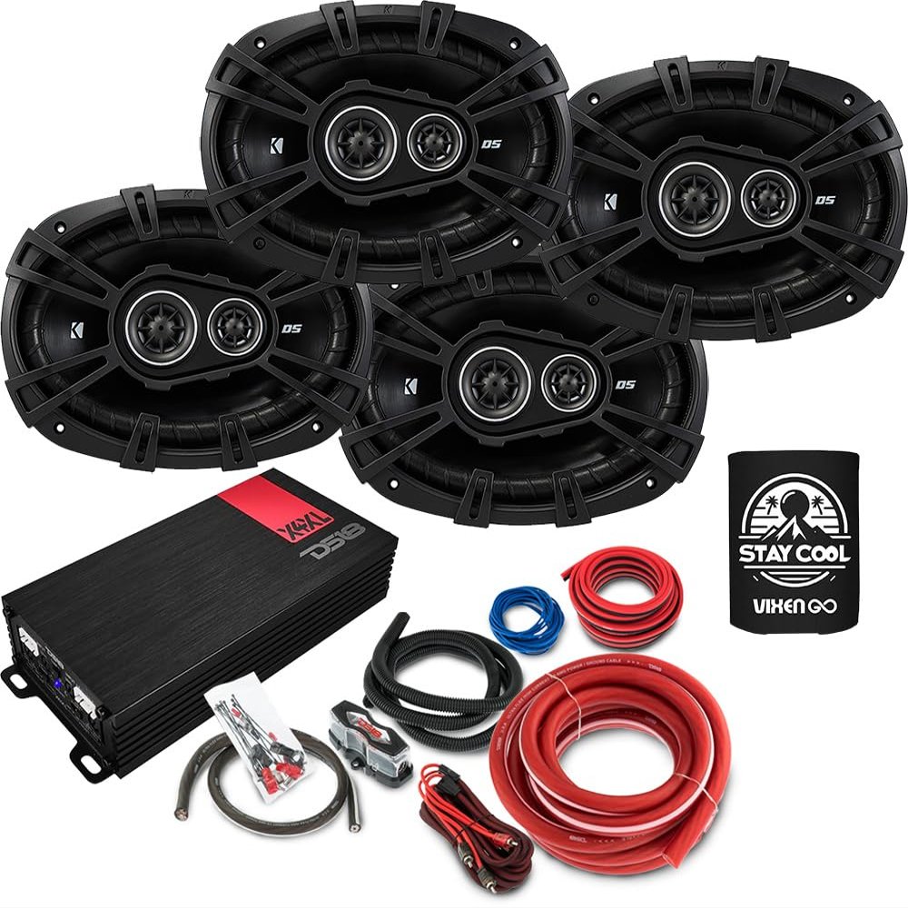 KICKER Speakers and Amp Package of 4 Items: 6"x9" DS Speakers with DS18 Class D 600W 4-Channel Amplifier and Complete 8AWG Wiring Kit