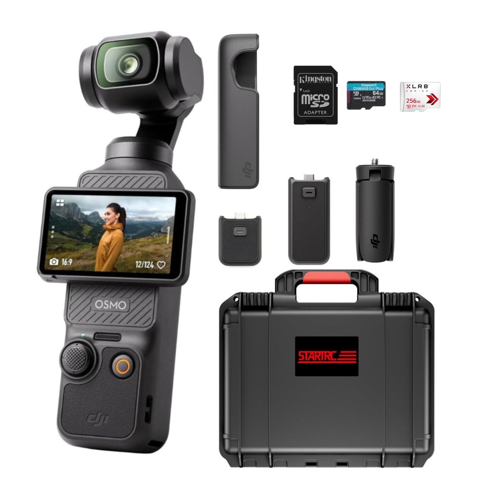 DJI Osmo Pocket 3 with 256GB MicroSD Card and Waterproof Hard Carry Case Bundle - Action Camera with 1-Inch CMOS & 4K/120fps 2-Inch Rotatable Screen (3 Items)