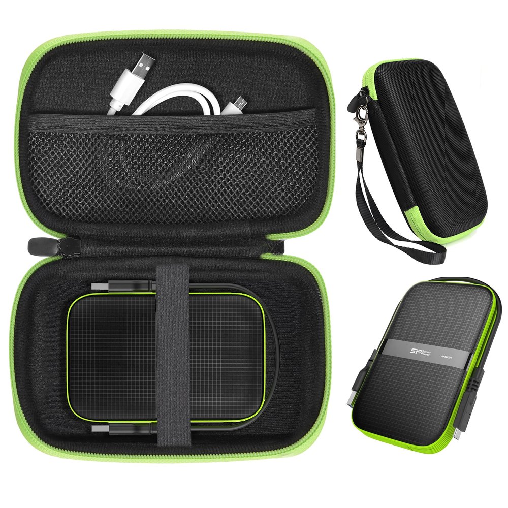 CaseSack Case for SP Silicon Power Silicon Power Black Rugged Portable External Hard Drive Armor A60 1TB, 2TB, 4TB, 5TB (Black+Green)