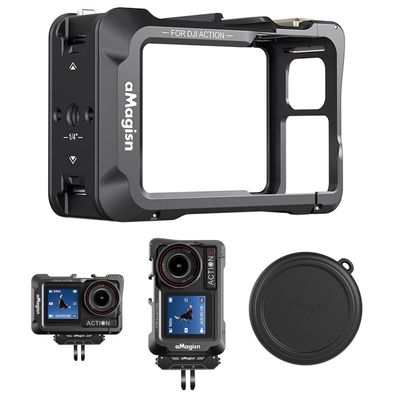 Metal Protective Case Cage & Lens Cap for DJI Action 5 Pro/4/3, Camera Expansion Adapter Horizontal and Vertical Shooting Mount Aluminum Alloy Housing Frame Cover Shell for Action 5 Pro/4/3