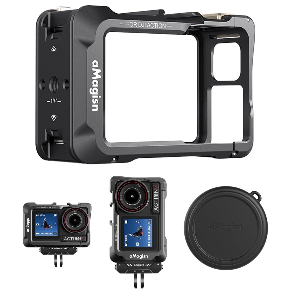 Metal Protective Case Cage & Lens Cap for DJI Action 5 Pro/4/3, Camera Expansion Adapter Horizontal and Vertical Shooting Mount Aluminum Alloy Housing Frame Cover Shell for Action 5 Pro/4/3