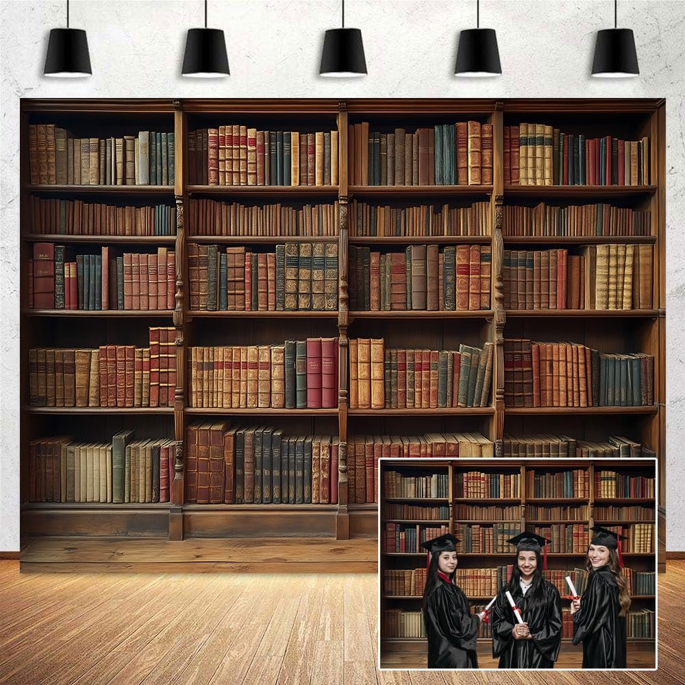 15X10ft Brown Bookshelf Backdrop Retro Library Office Study Bookshelf Scene Photography Backdrop Home Office Video Conference Background Classic Books Background Photo Booth Prop