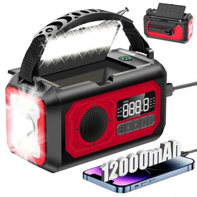 12000mAh Emergency Weather Radio, Hand Crank Solar Radio Portable AM/FM/NOAA Radio with 2 Solar Panels 3 Charging Methods SOS Alarm 3 Mode Flashlight Phone Charger Compass Reading Lamp (Red)