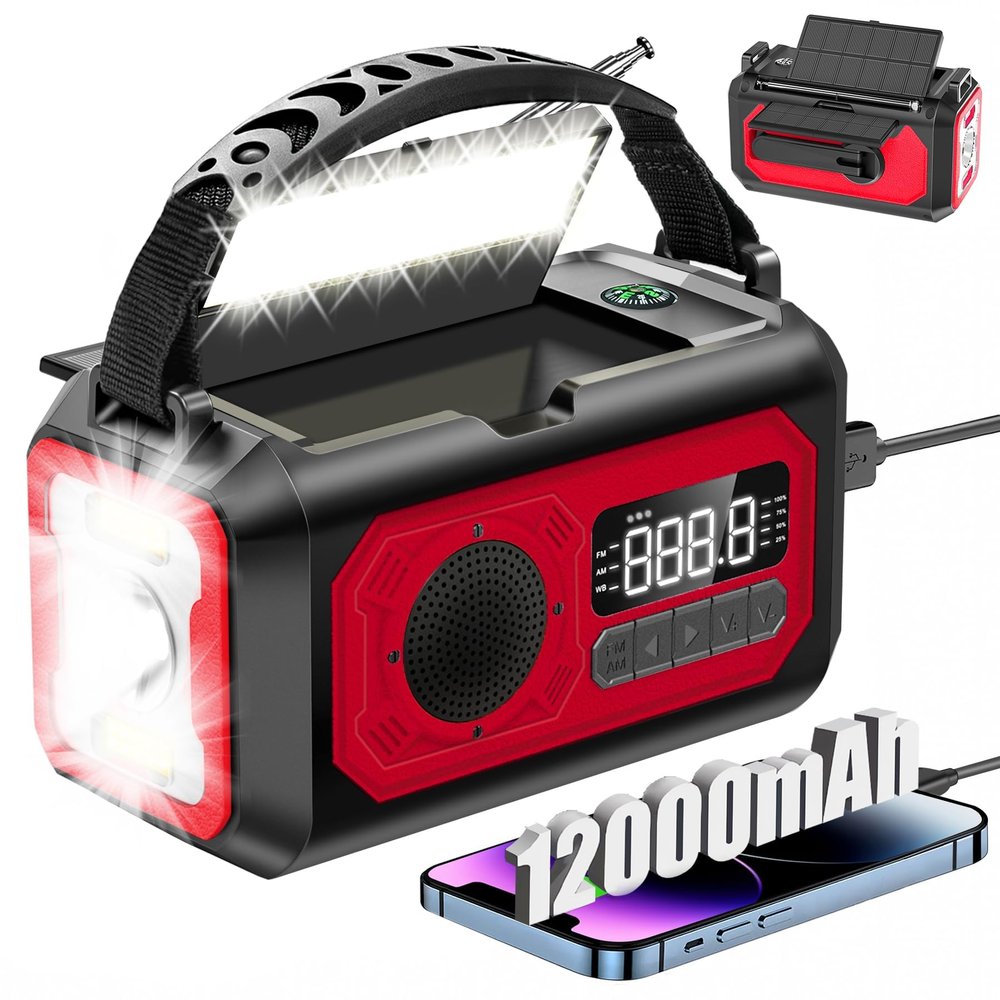 12000mAh Emergency Weather Radio, Hand Crank Solar Radio Portable AM/FM/NOAA Radio with 2 Solar Panels 3 Charging Methods SOS Alarm 3 Mode Flashlight Phone Charger Compass Reading Lamp (Red)