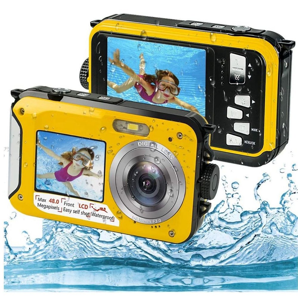 LOCADENCE Underwater Camera, Full HD 2.7K 48MP Waterproof Camera, 10ft Waterproof Underwater Digital Camera, 16X Digital Zoom Front Rear Double Screens Waterproof Digital Camera (Yellow)