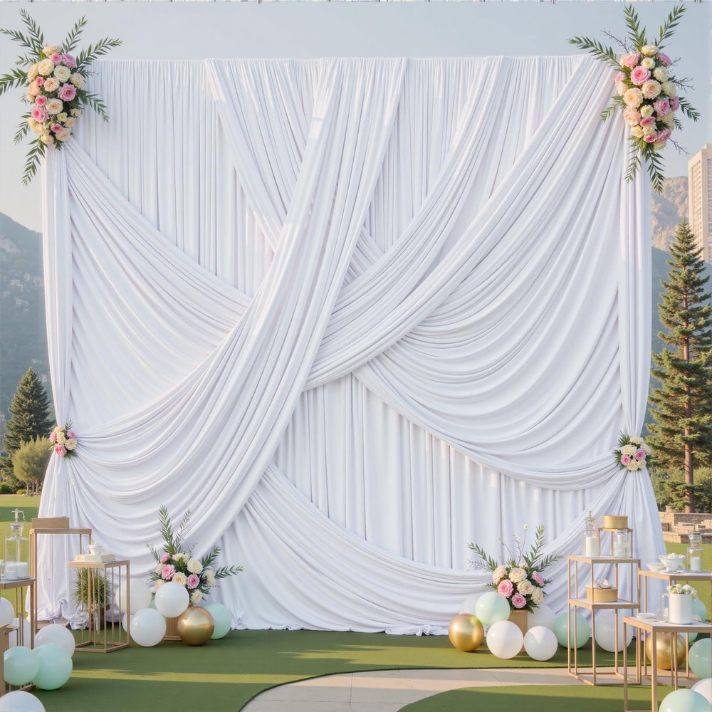 10ft12ft White Backdrop Curtain for Wedding Parties, 2 Panels Wrinkle Free Polyester Photo Backdrop Drapes Back Drop Cloth for Birthday Photography Background