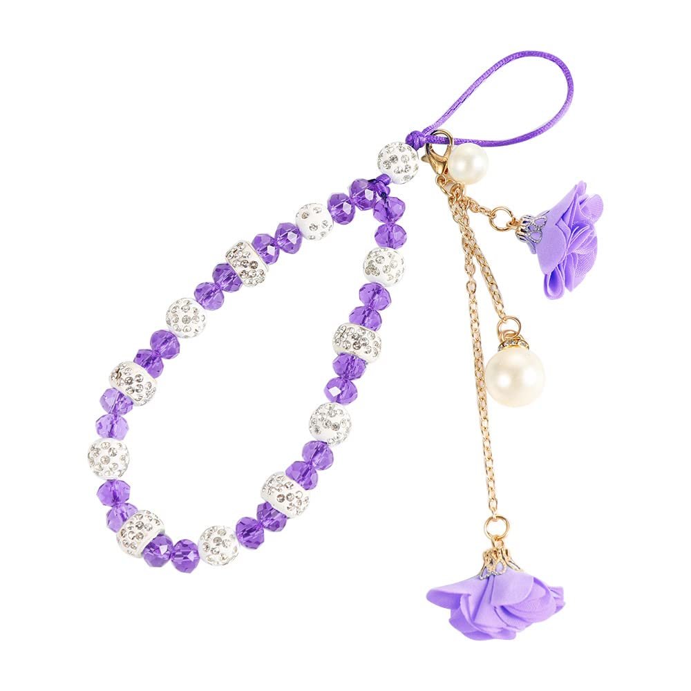 Cell Phone Lanyard for Phone Case Anti-Lost Wrist Straps Bracelet Short Cord Flower Pendant Tassel Beads Chain Mobile Phone Accessories(Purple)
