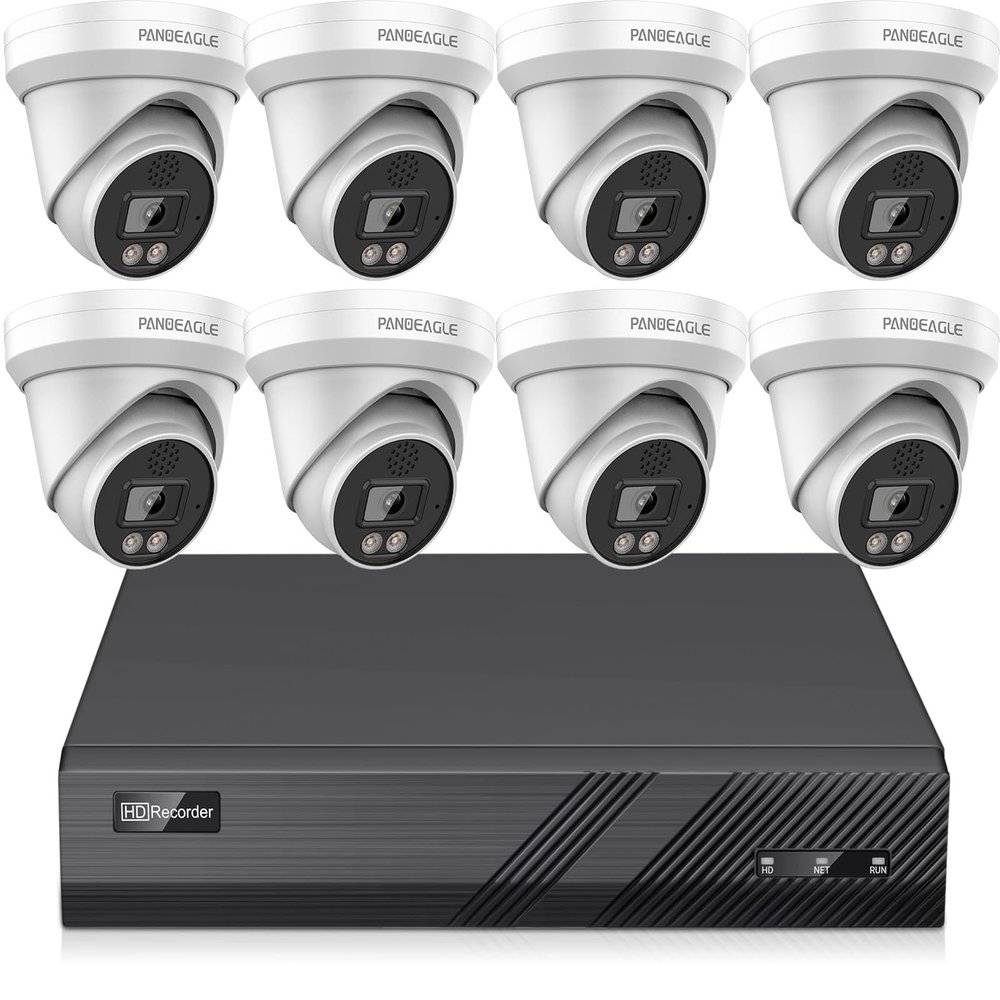 Panoeagle 4K Poe Security Camera System, 4K 8CH PoE NVR, 8pcs x 8-Megapixel Turret IP Cameras, Smart Human Vehicle Detection, 98ft EXIR 2.0 Night Vision, Two Way Audio, No HDD
