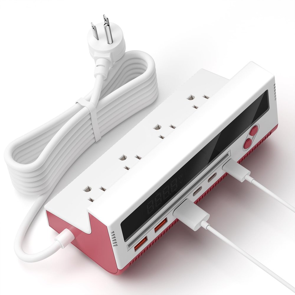 10-in-1 USB Charging Station, 4 Outlets Power Strip with 6 USB, 5 FT Long Extension Cord, 45 Flat Plug, 20W Fast Mulit Charging Station for Home Office Travel Plug Extension Outlet (Red)