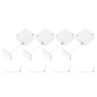 MECCANIXITY 3.3 ft Retractable Cable Lock with Adhesive Square Patch Remote Control Security Lock with Adjustable Cord Tether Anti Theft for Laptop, TV, 600g, White, 4 Pack