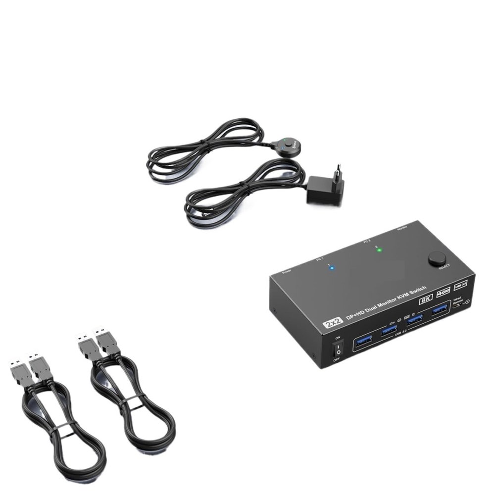 YXX7XY Dual Monitor KVM Switch 2 Port 8K@60Hz 4K@144Hz HDMI+DP USB 3.0 Switch Extended Display 2 Monitors 2 Computers(AU Power Plug)