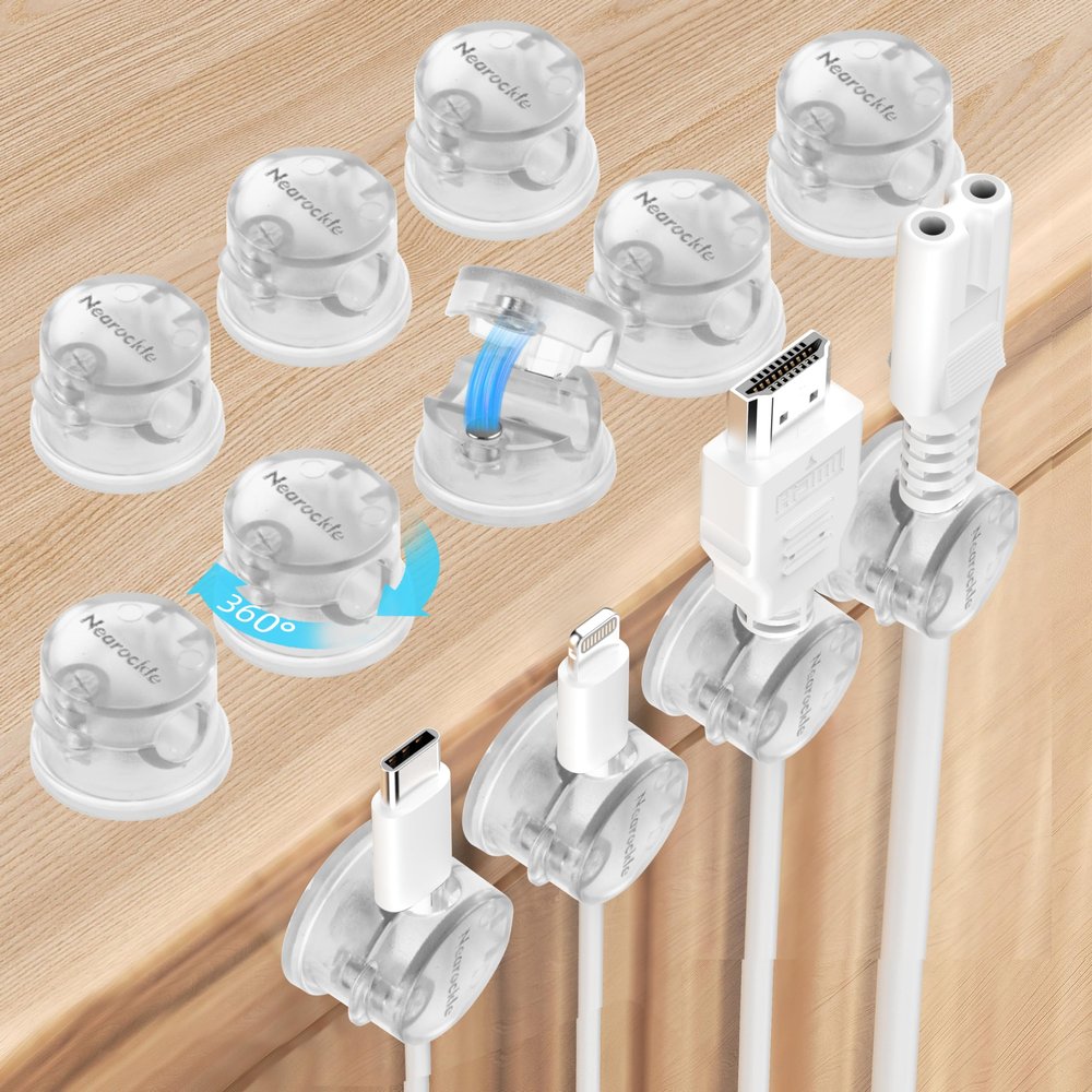 12 Pack Magnetic Cord Organizer [Locking Cable Rotatable] Cable Clips, Nearockle Strong Magnetic Cord Holder, Adhesive Wire Keeper Cable Management for Desk,Car,Nightstand,Office,Home(Clear)