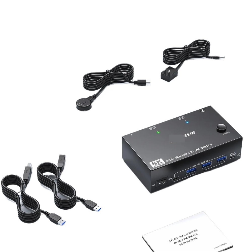 YXX7XY 8K HDMI KVM Switch 2 Monitors 2 Computers 8K@60Hz 4K@144Hz,Dual Monitor KVM Switch with 4 USB 3.0 Hub for Keyboard Mouse Printer(UK Plug Adapter)