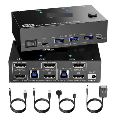 8K Dual Monitor KVM Switch 8K@60Hz 4K@120Hz, HDMI 2.1 KVM Switch for 2 Computer Share 2 Monitors and 3 USB3.0 + 1 USB C Devices(US Plug)