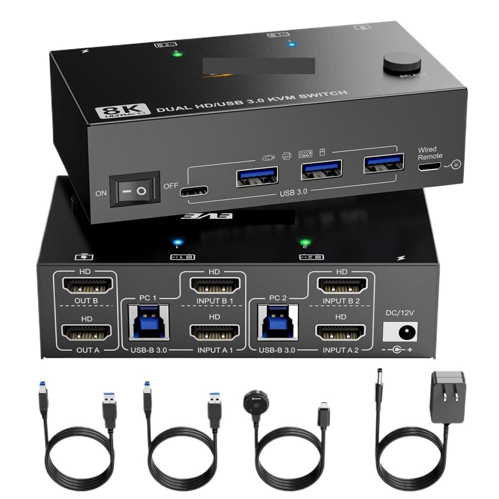 8K Dual Monitor KVM Switch 8K@60Hz 4K@120Hz, HDMI 2.1 KVM Switch for 2 Computer Share 2 Monitors and 3 USB3.0 + 1 USB C Devices(US Plug)