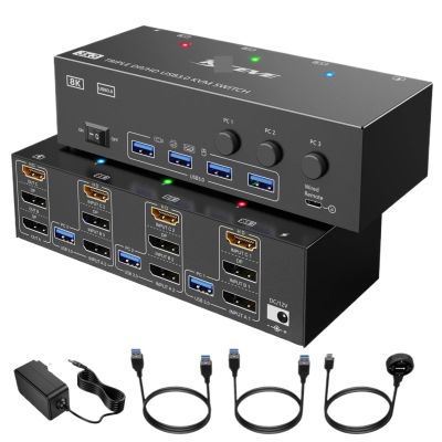 YXX7XY KVM Switch 3 Computers 3 Monitors 8K Triple Monitor KVM for 3 PC Share 4 USB 3.0 Device(AU Power Plug)