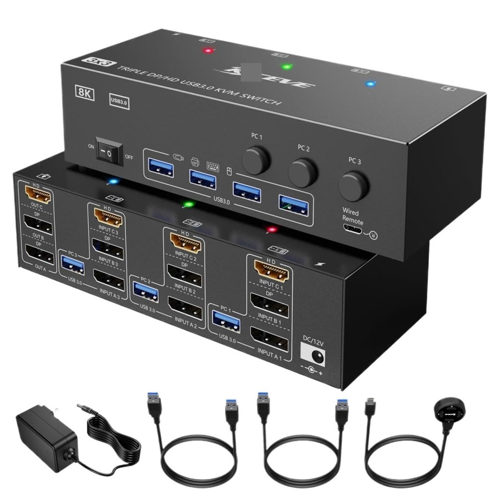YXX7XY KVM Switch 3 Computers 3 Monitors 8K Triple Monitor KVM for 3 PC Share 4 USB 3.0 Device(AU Power Plug)