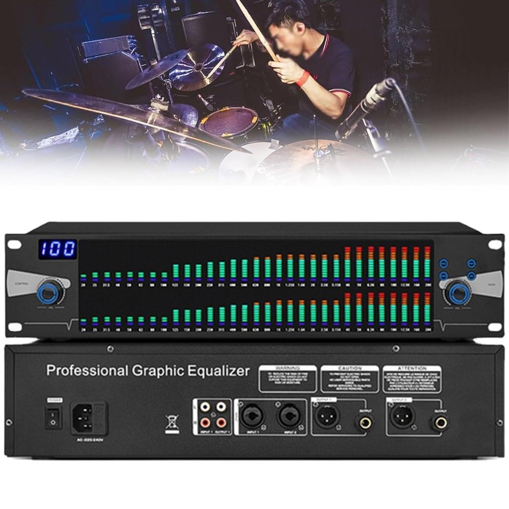 Dual Spectrum Audio Equalizer, Two 31-Band Spectrum Display 2u Audio Digital Equalizador with 10 Preset Effects and Low/Mid/Treble Independent Adjustment