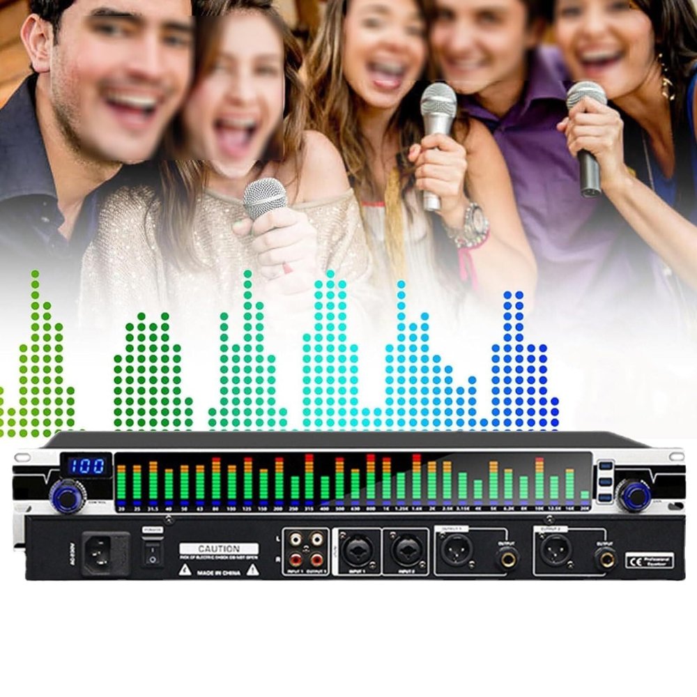 Stereo Audio Mixer Dual, 31 Band Equalizer, Graphic Equalizer Effect Controller Dj Digital Mixer Processor Dsp Feedback Eliminator with Individual Led Indicators