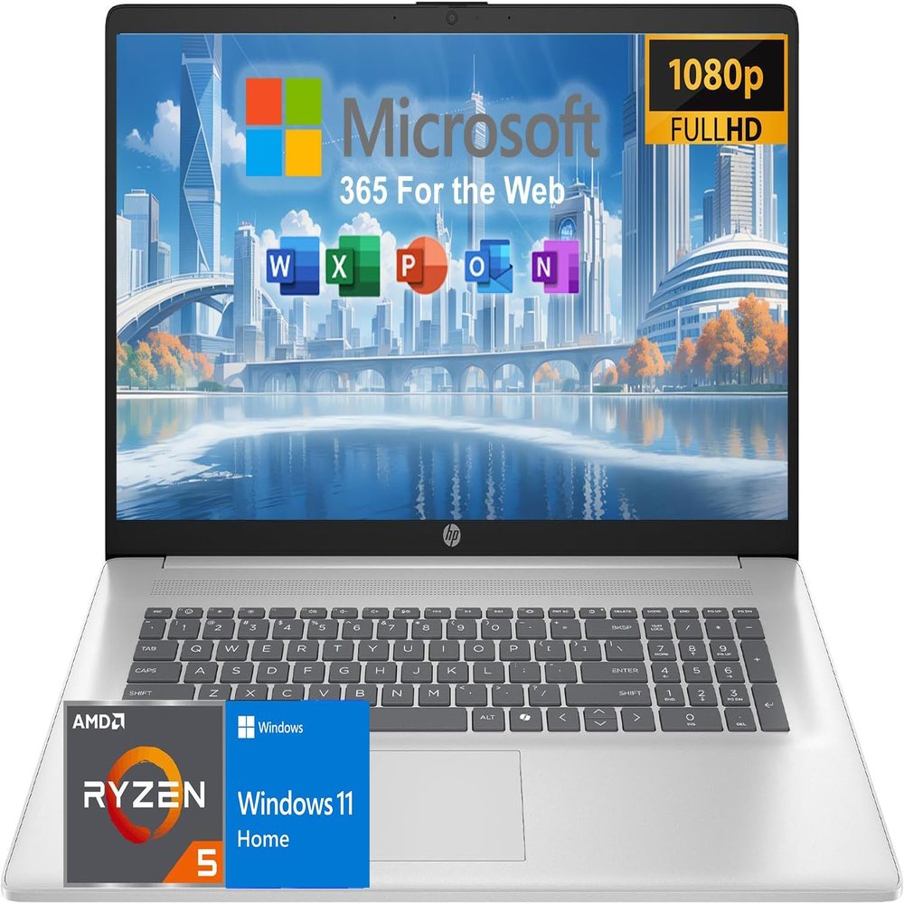HP Laptop with Office 365 for The Web, 17.3" Full HD Display, 16GB RAM, 1TB SSD, AMD 6-Core Ryzen 5 Processor (Beat i7-1355U), HDMI, USB-C, Windows 11 Home, for Home and Wrok, No Mouse