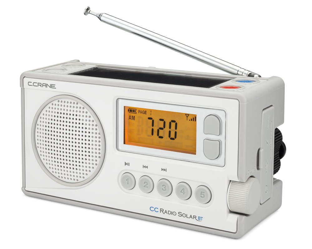 C. Crane CCRadio Solar with Bluetooth Receiving, Emergency Crank NOAA Weather AM/FM Multi Powered Radio - Built in LED Flashlight and Cellphone Charger