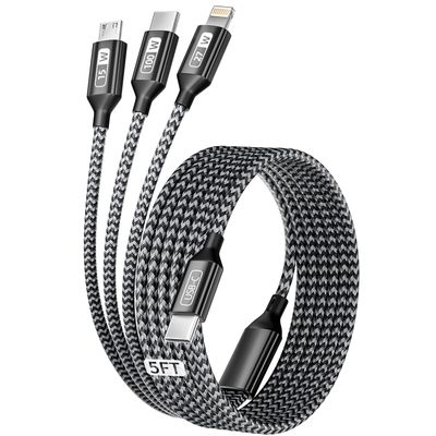 100W USB C Cable, Multi Charging Cable Fast Charging 5FT, 3 in 1 USB C Charger Cable with E-Mark Chip, Multi Charger Cord with Type-C, Micro USB, IP Port for iPhone16/15/MacBook/iPad/Samsung (1Pack)