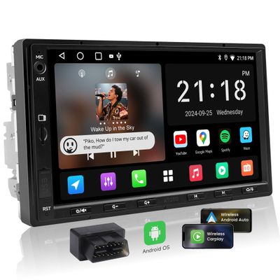 ATOTOEXCEL A5L 7inch Android Double DIN Car Stereo with OBD2 Scanner, Wireless CarPlay & Android Auto, 24 Band EQ, DSP, WiFi/BT/USB Tethering, 2G+32G Touchscreen Radio, AI Chat, MirrorLink, GPS/FM/AM