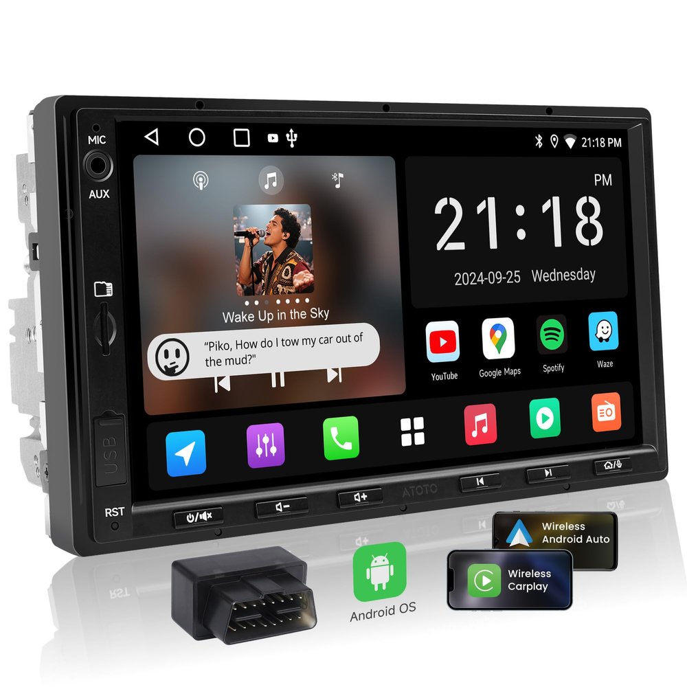 ATOTOEXCEL A5L 7inch Android Double DIN Car Stereo with OBD2 Scanner, Wireless CarPlay & Android Auto, 24 Band EQ, DSP, WiFi/BT/USB Tethering, 2G+32G Touchscreen Radio, AI Chat, MirrorLink, GPS/FM/AM