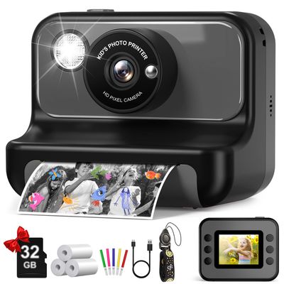 Kids Camera Instant Print, Christmas Birthday Gifts for Girls and Boys, Kids Camera 1080P HD Video Digital Camera, Toddler Toy for 3-12 Years Old, Black
