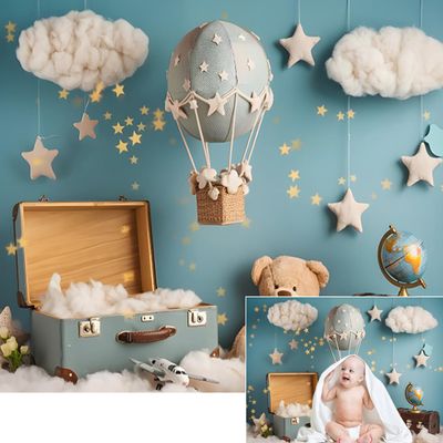 10x8ft Birthday Backdrop for Photography Bear White Cloud Star Suitcase Globe Hot Air Balloon Travel Blue Glitter Background Baby Shower Party Supplies Boy Kids Portrait Photo Shoot Studio Props