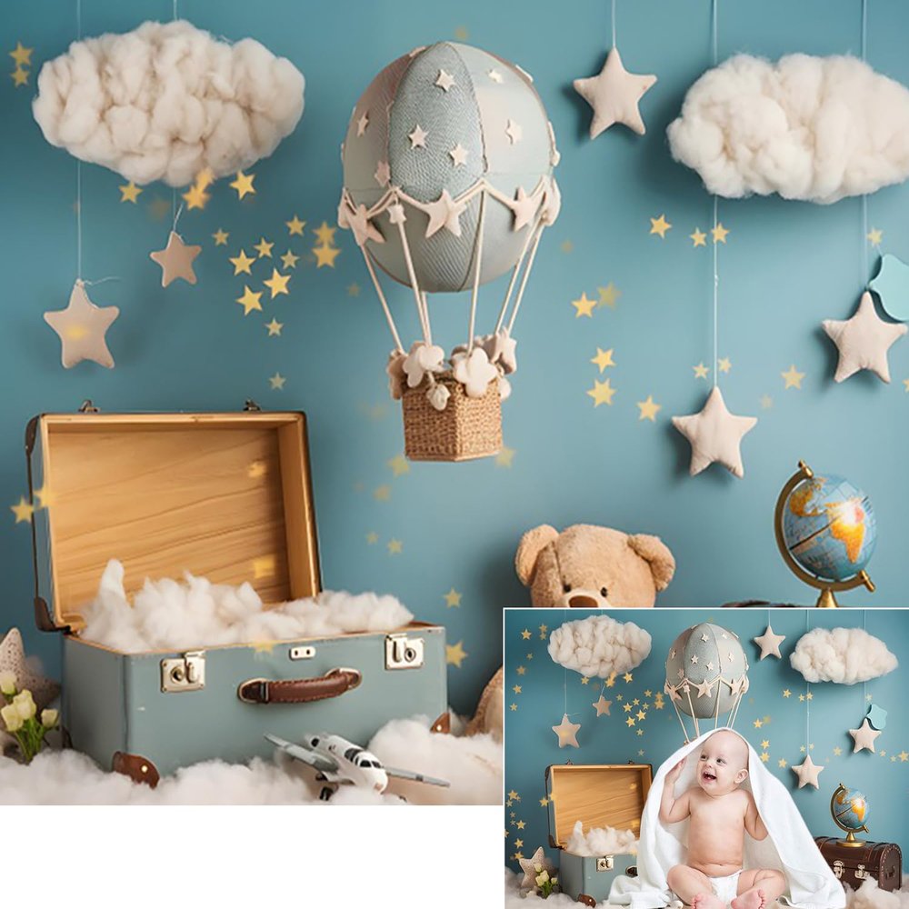 10x8ft Birthday Backdrop for Photography Bear White Cloud Star Suitcase Globe Hot Air Balloon Travel Blue Glitter Background Baby Shower Party Supplies Boy Kids Portrait Photo Shoot Studio Props