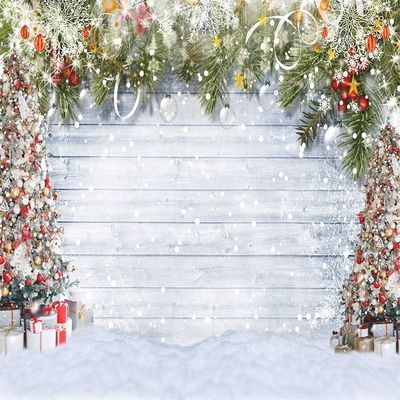 10x10ft Christmas Photography Backdrop White Wooden Snower Scene Christmas Pine Tree Background for Family Child Holiday Portrait Photoshoot Props