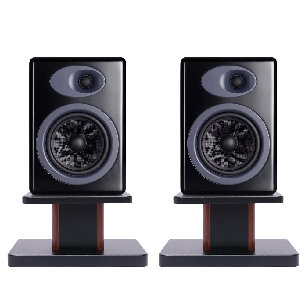 Unnsiapit Universal Speaker Stand Pair, H6in Desktop Bookshelf Speaker Stands Holder for Surround Sound Studio Monitors Up to 33lbs, for Home Theater Living Room Floor, Black & Brown