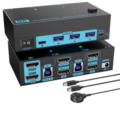 8K HDMI 2.1 Dual Monitor KVM Switch 2 Monitors 2 Computers USB 3.0 2 in 2 Out KVM Switches (EU Power Adapter)