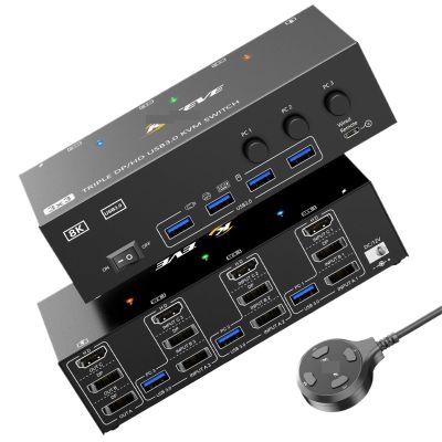 KVM Switch 3 Computers 3 Monitors HDMI USB 3.0 KVM Switcher 8K@60Hz/4k@144Hz Triple Monitor KVM(US Power Adaper)