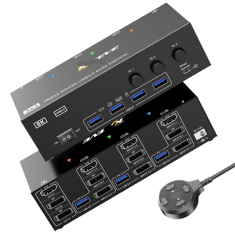 KVM Switch 3 Computers 3 Monitors HDMI USB 3.0 KVM Switcher 8K@60Hz/4k@144Hz Triple Monitor KVM(US Power Adaper)