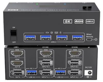 S25HH0 KVM Switch 3 Monitors 2 Computers 8K@60Hz 4K@144Hz 2 Displayport HDMI USB 3.0 KVM Switch Triple Monitor with 4 USB Port(UK Plug)