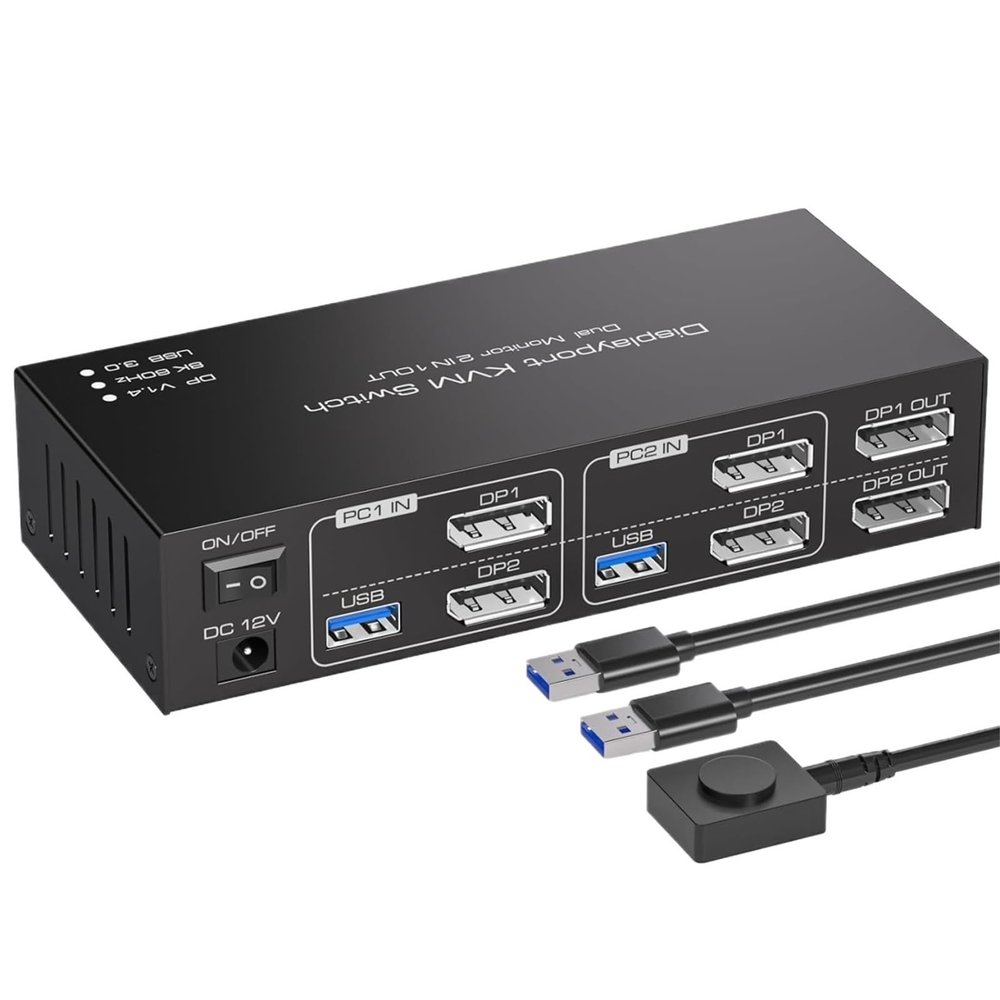 8K Dual Monitor Displayport KVM Switch 2 Monitors 2 Computers 4K 144Hz DP KVM Switcher USB3.0 Selector 2 PC Share Keyboard Mouse(US Power Adapter)