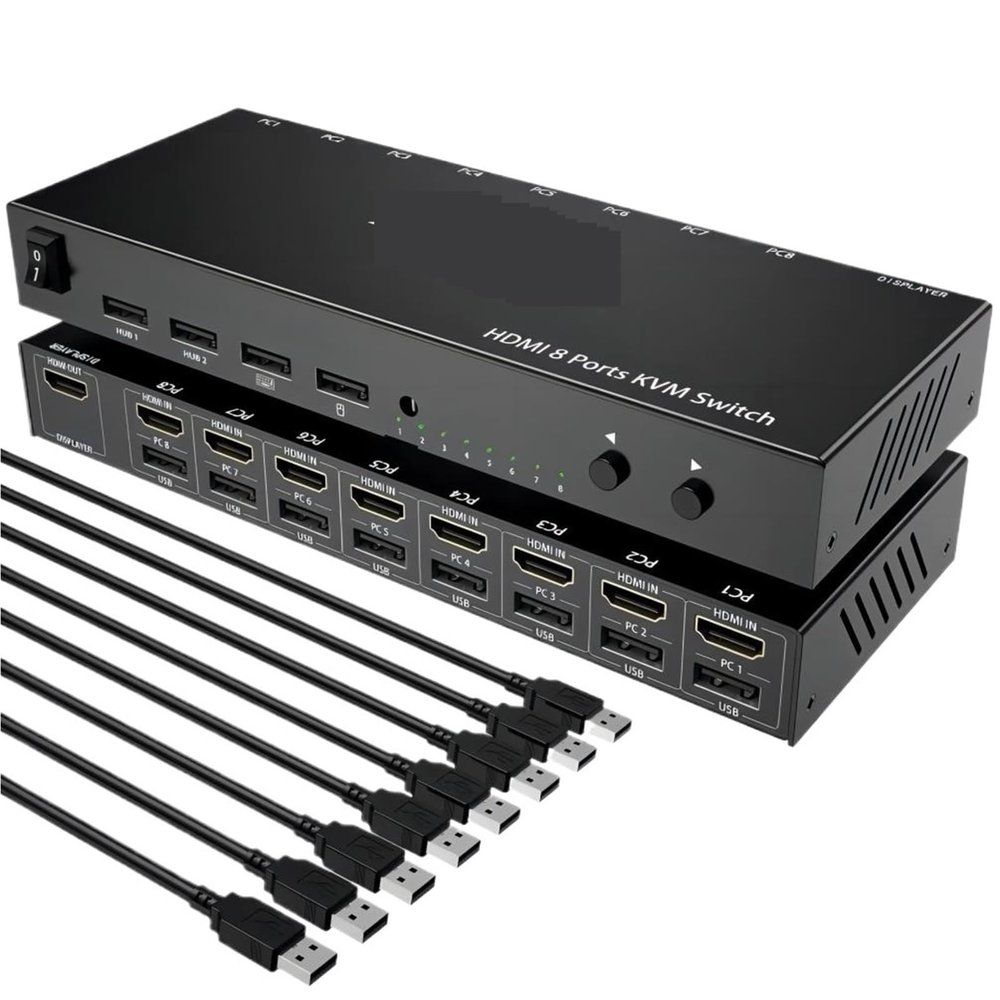 HHBL8I KVM USB Switch, 8 in 1 Out HDMI Switcher Box Support 4K@30Hz for 8 PC Share Keyboard and Mouse, Support USB Hub Connect