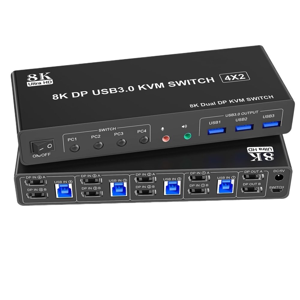 8K@60Hz Displayport USB3.0 KVM Switch 2 Monitor for 4 Computer, DP1.4 Switch 4 Port with Audio Microphone Output 3 USB 3.0 Ports(US Power Adapter)