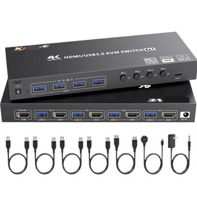 4K 4 Port USB3.0 HDMI KVM Switches for 4 PC Share 1 Monitor and Keyboard Mouse Printer,with Wired Remote,12V Power Adapter(with AU Plug)